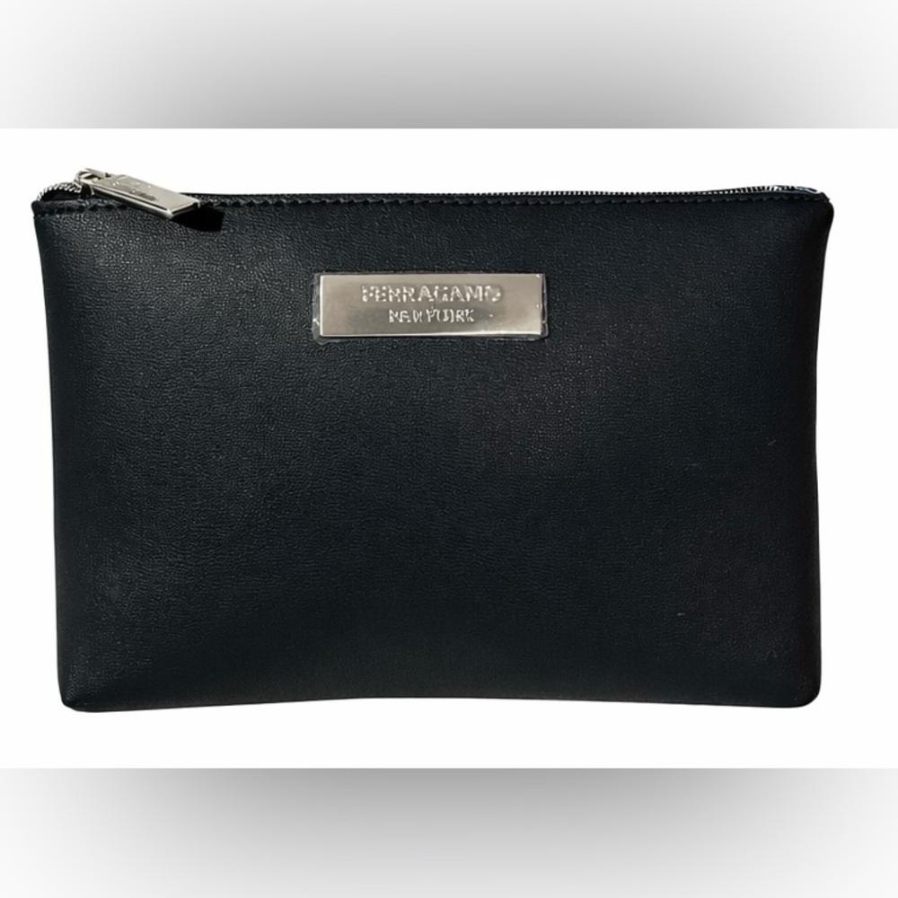 Salvatore Ferragamo Navy Blue Leather Zip Pouch Clutch